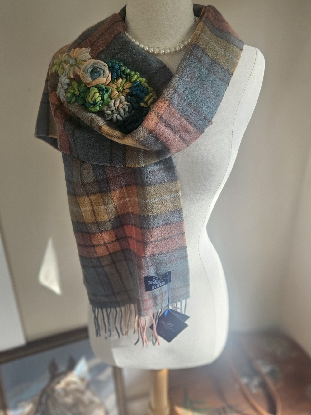 Plaid Wool Scarf with Hand Embroidery - Peach & Gray 100% Lambswool